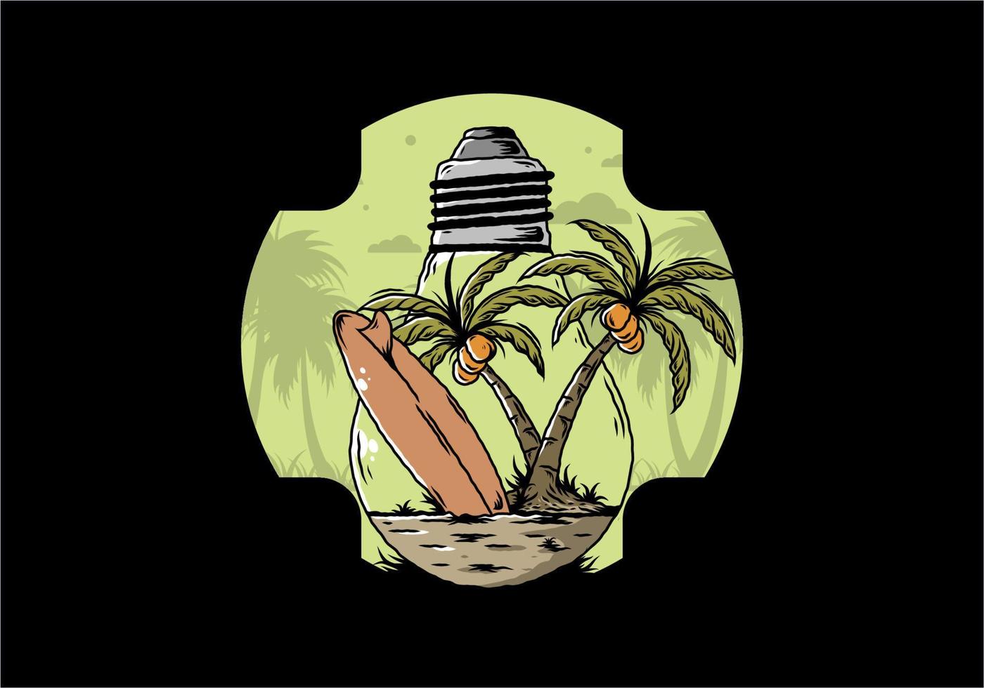 árbol de coco y tabla de surf en una ilustración de lámpara de bombilla vector