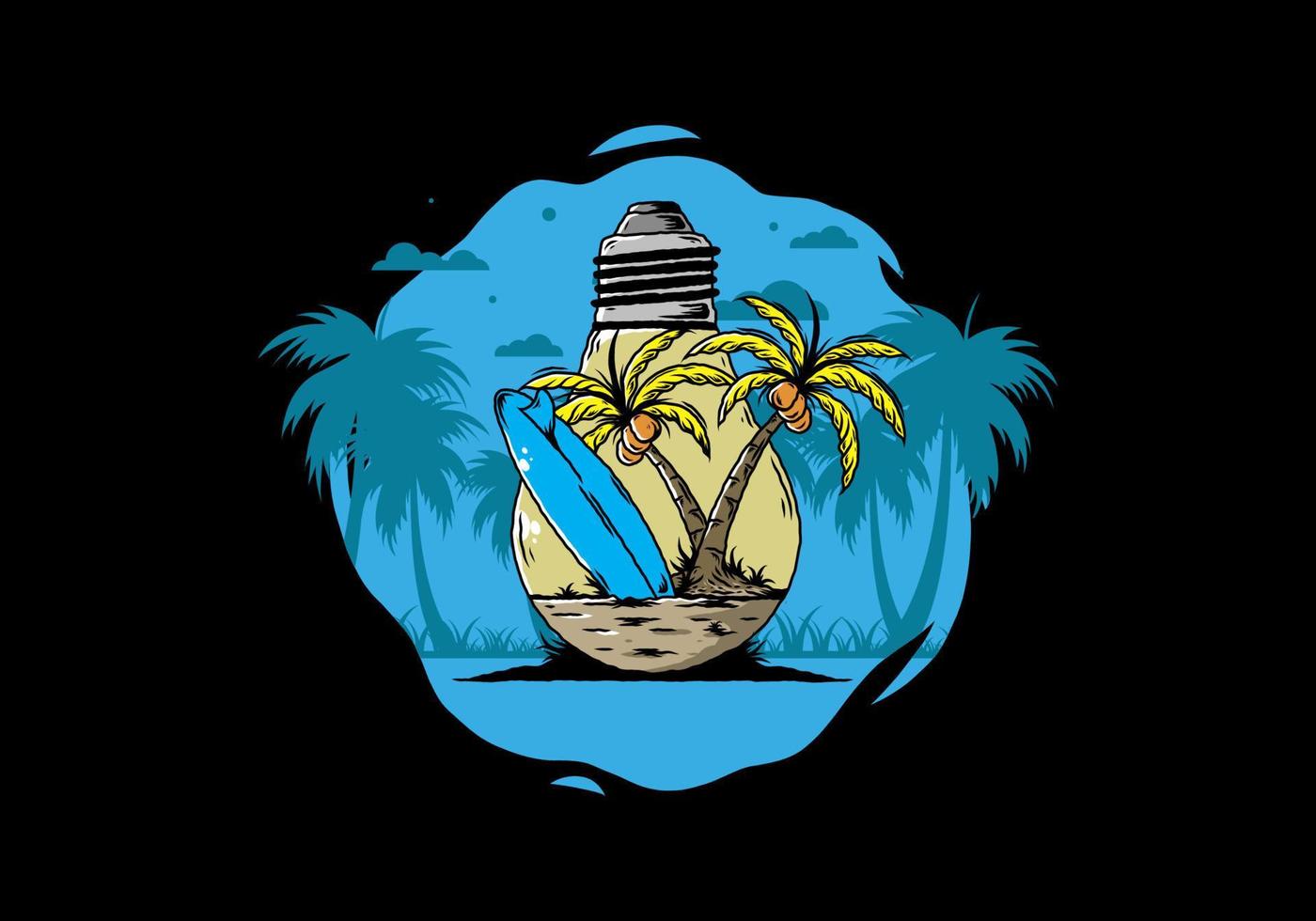 Coconut tree and surfing board in a bulb lamp illustration vector
