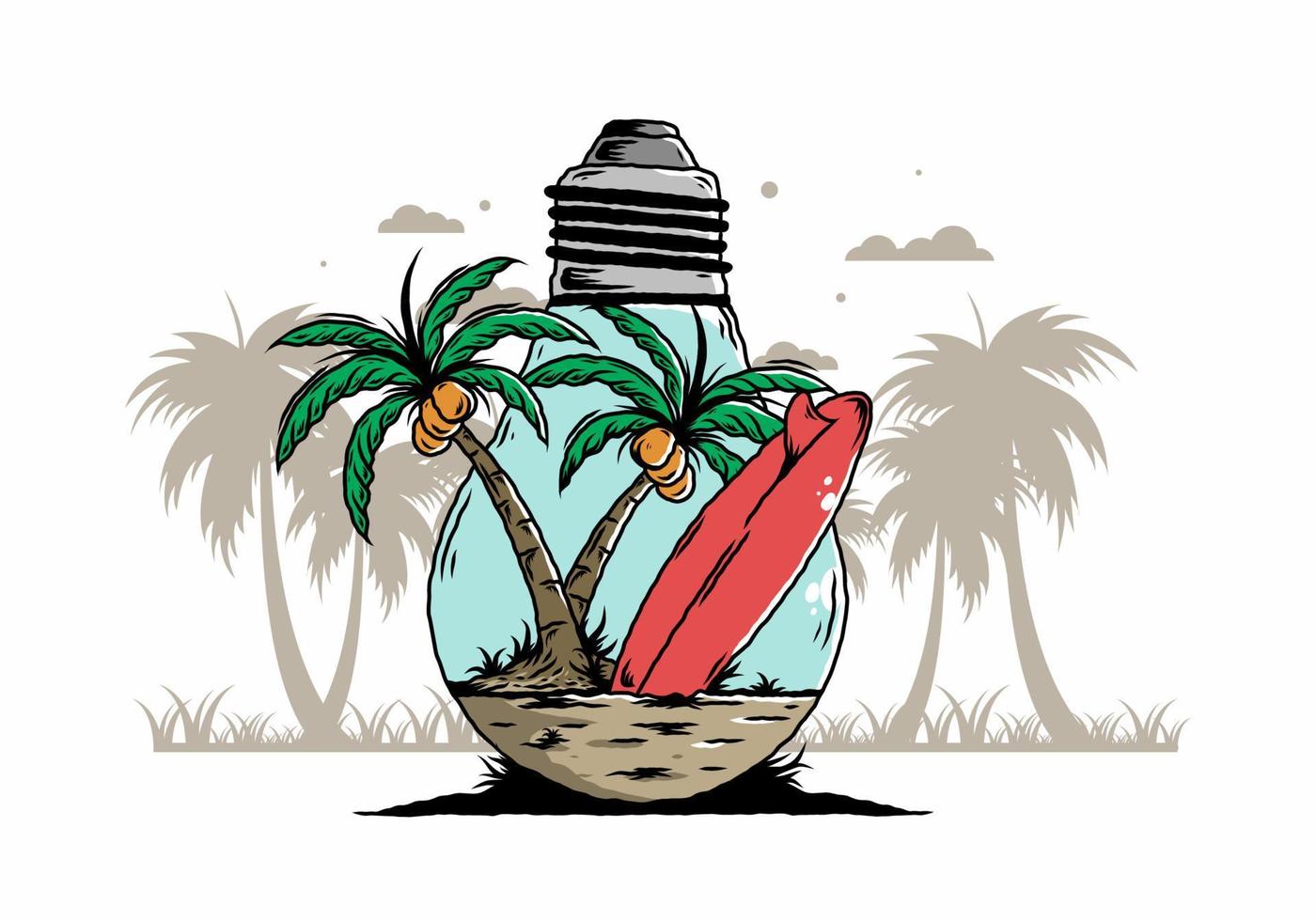 Coconut tree and surfing board in a bulb lamp illustration vector