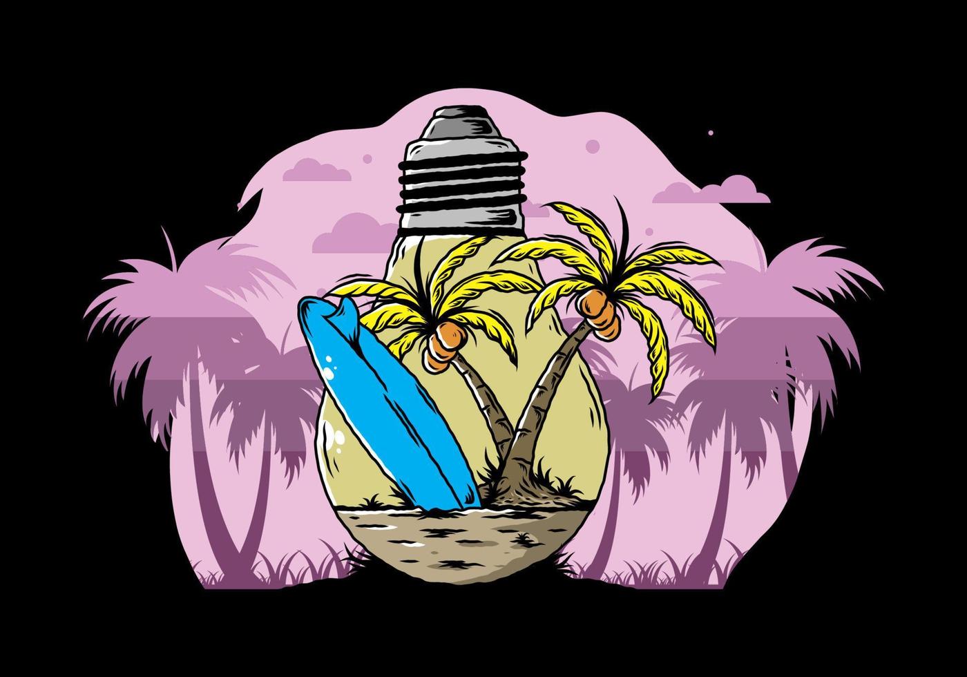 Coconut tree and surfing board in a bulb lamp illustration vector