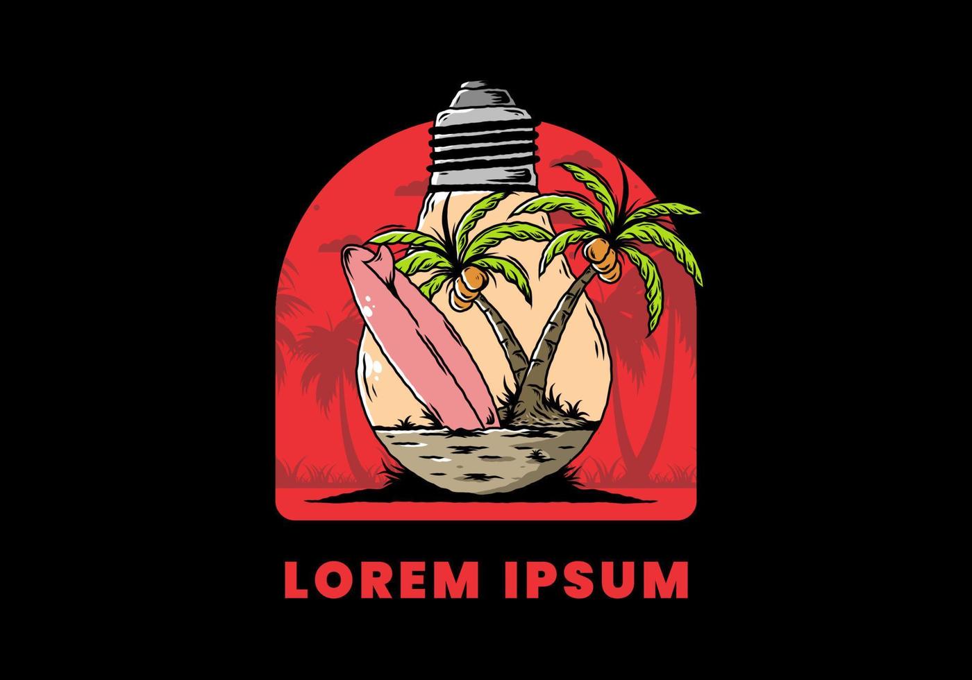 Coconut tree and surfing board in a bulb lamp illustration vector