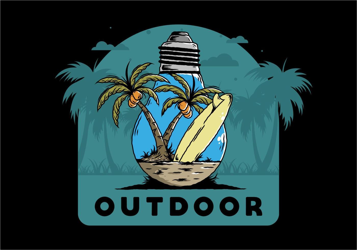 Coconut tree and surfing board in a bulb lamp illustration vector