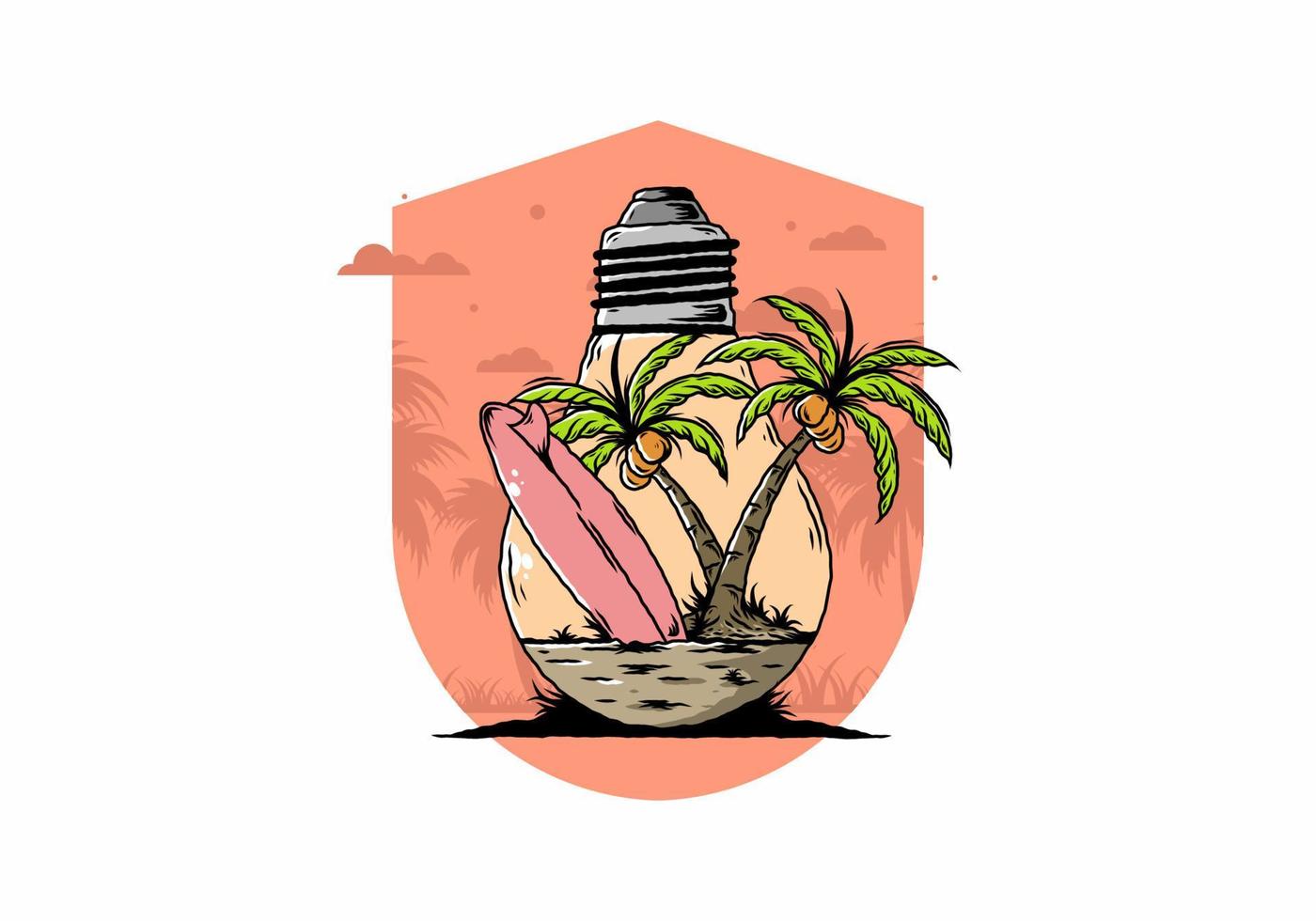 árbol de coco y tabla de surf en una ilustración de lámpara de bombilla vector