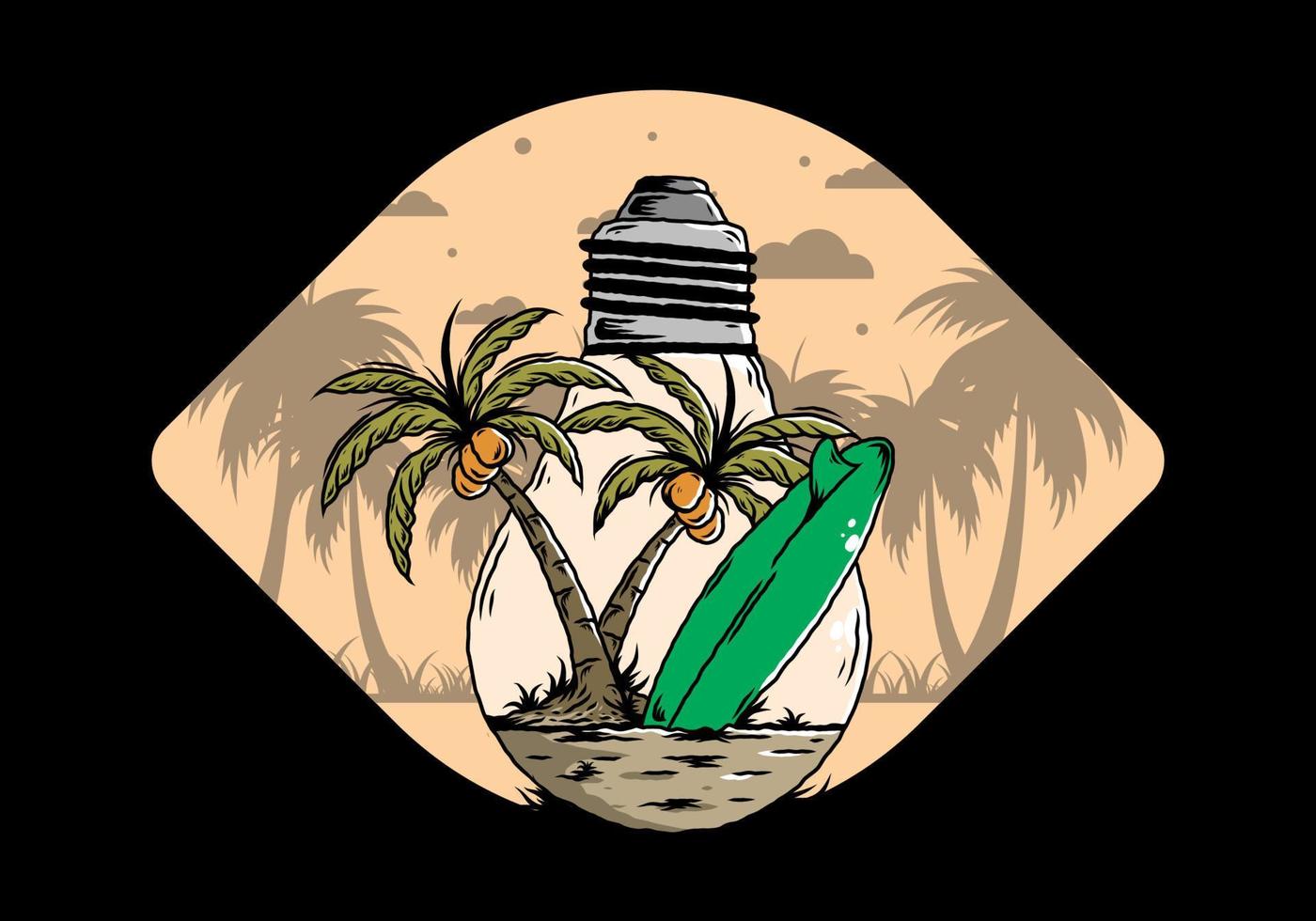 árbol de coco y tabla de surf en una ilustración de lámpara de bombilla vector