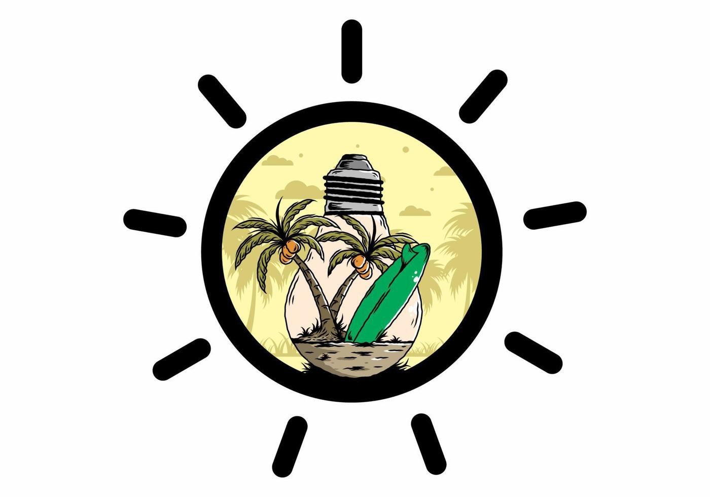 Coconut tree and surfing board in a bulb lamp illustration vector