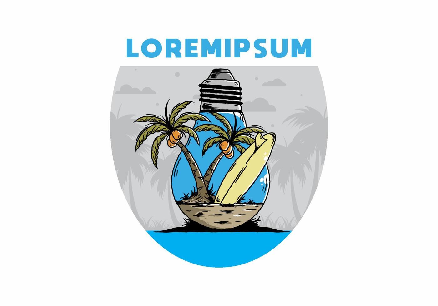 Coconut tree and surfing board in a bulb lamp illustration vector