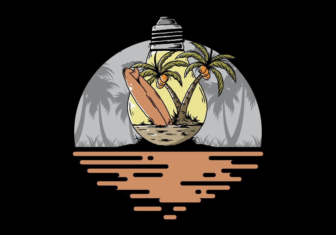 árbol de coco y tabla de surf en una ilustración de lámpara de bombilla vector