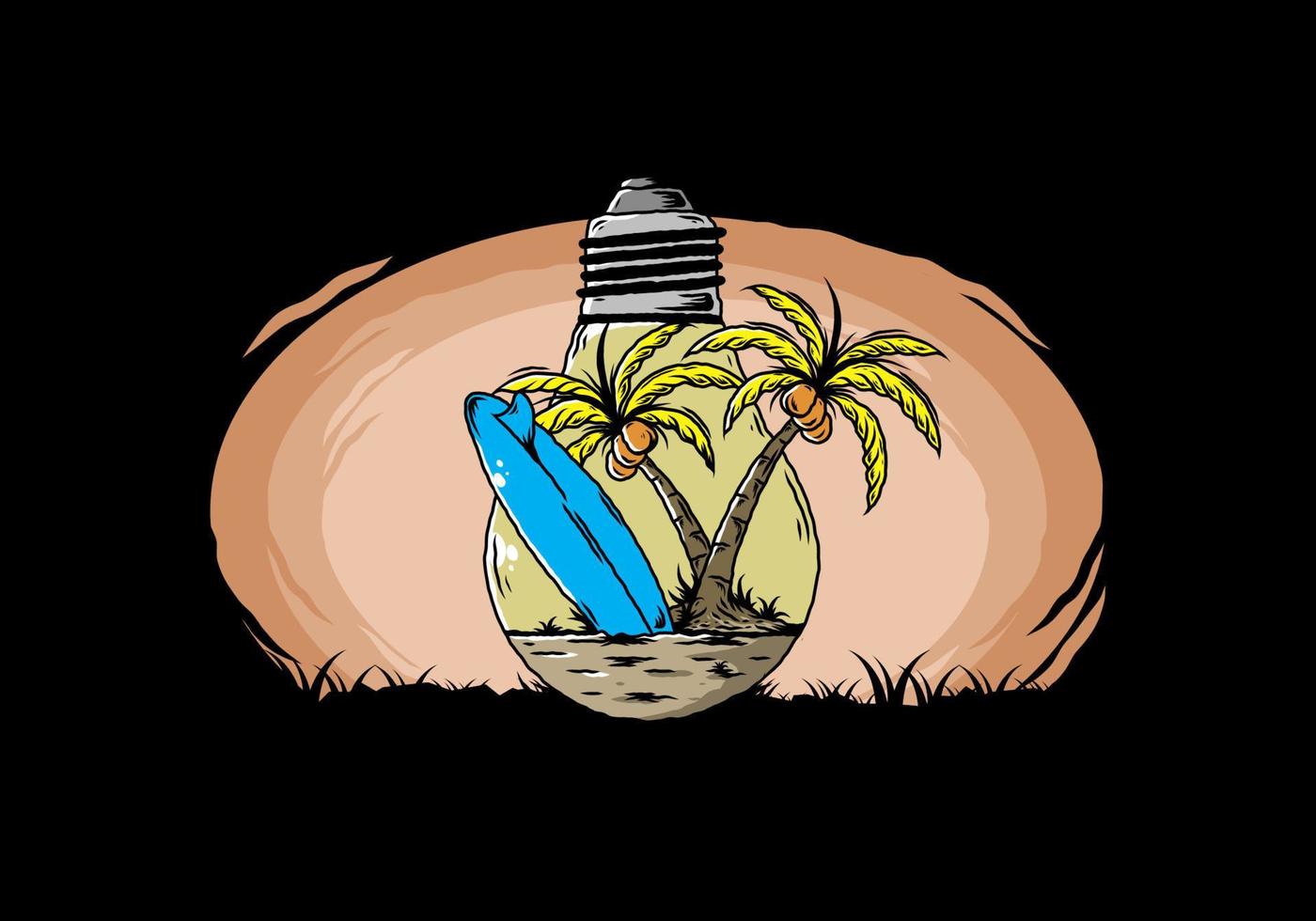 árbol de coco y tabla de surf en una ilustración de lámpara de bombilla vector