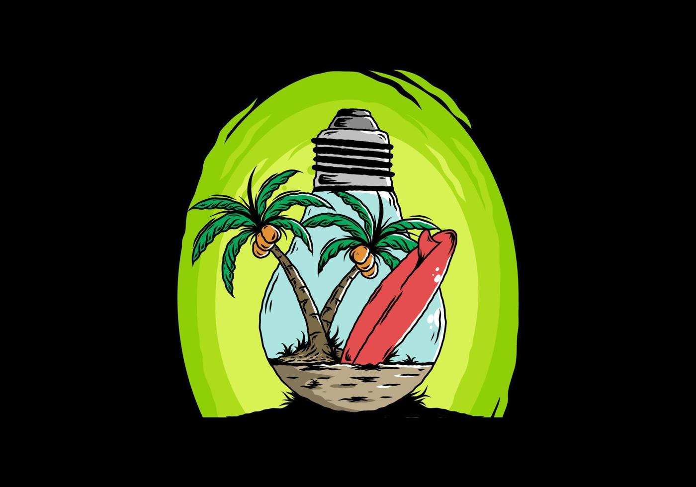Coconut tree and surfing board in a bulb lamp illustration vector