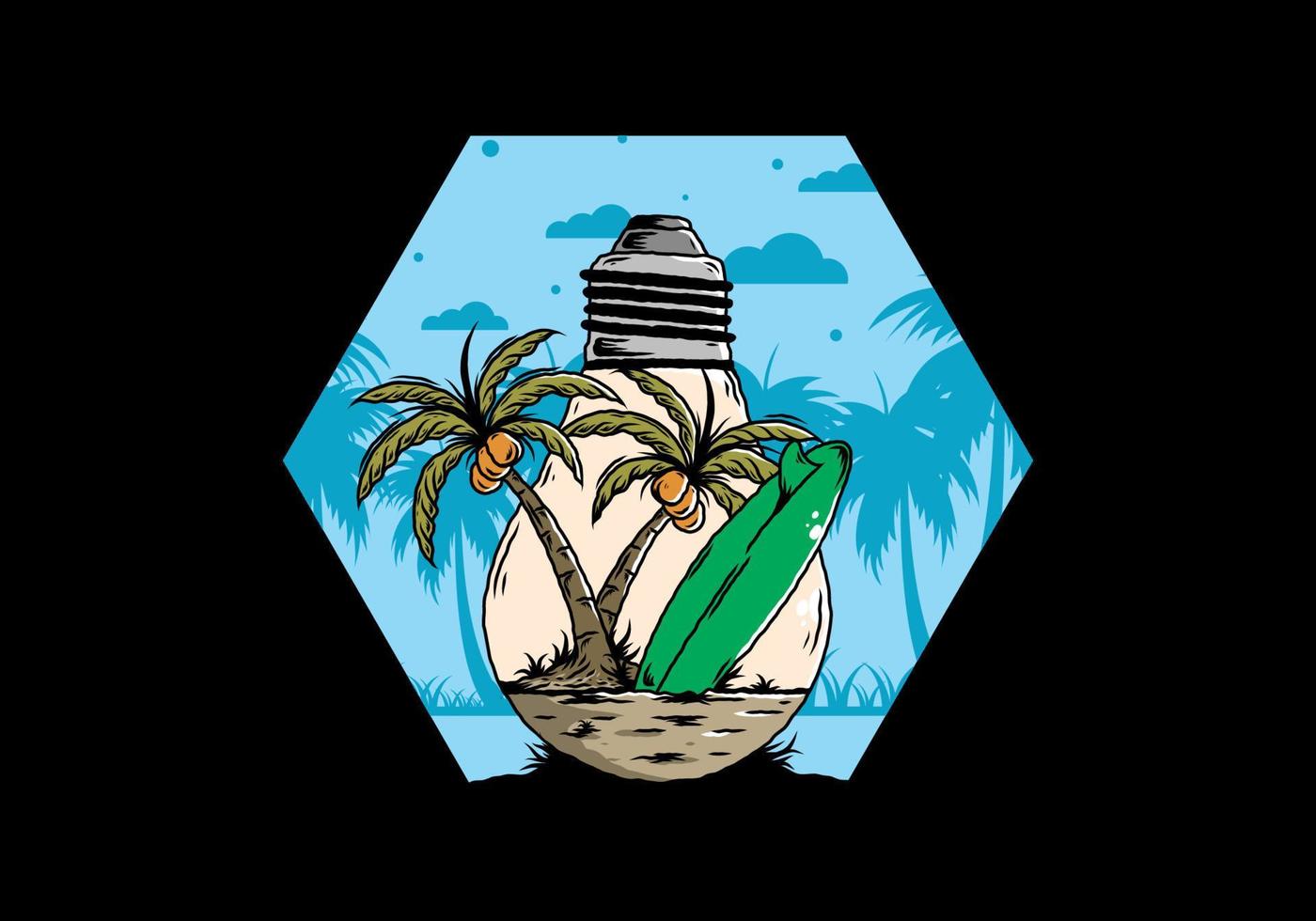 árbol de coco y tabla de surf en una ilustración de lámpara de bombilla vector