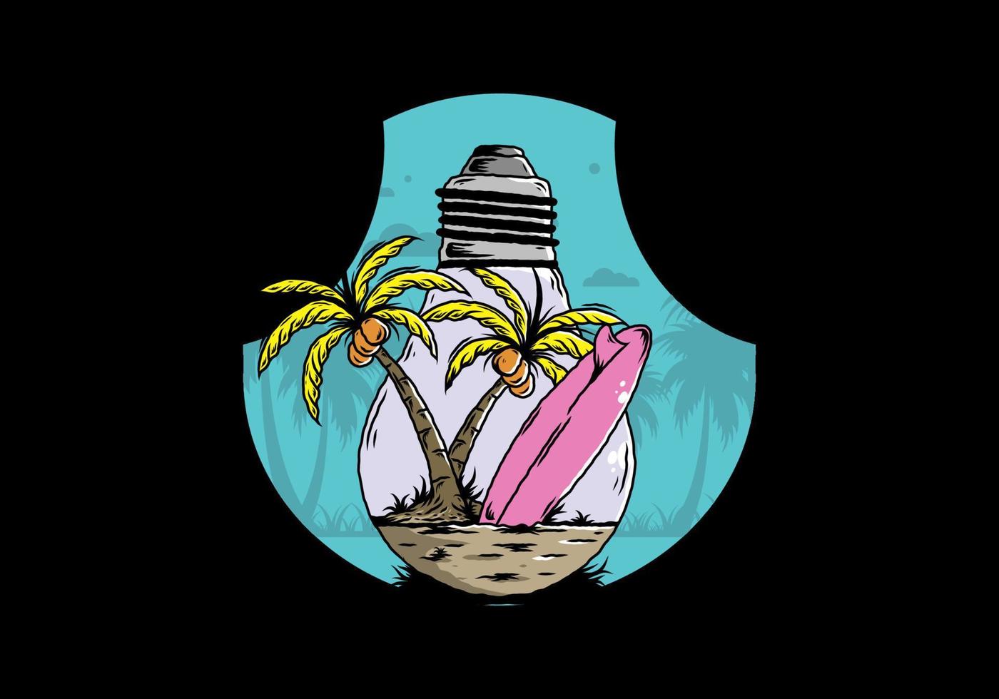 Coconut tree and surfing board in a bulb lamp illustration vector