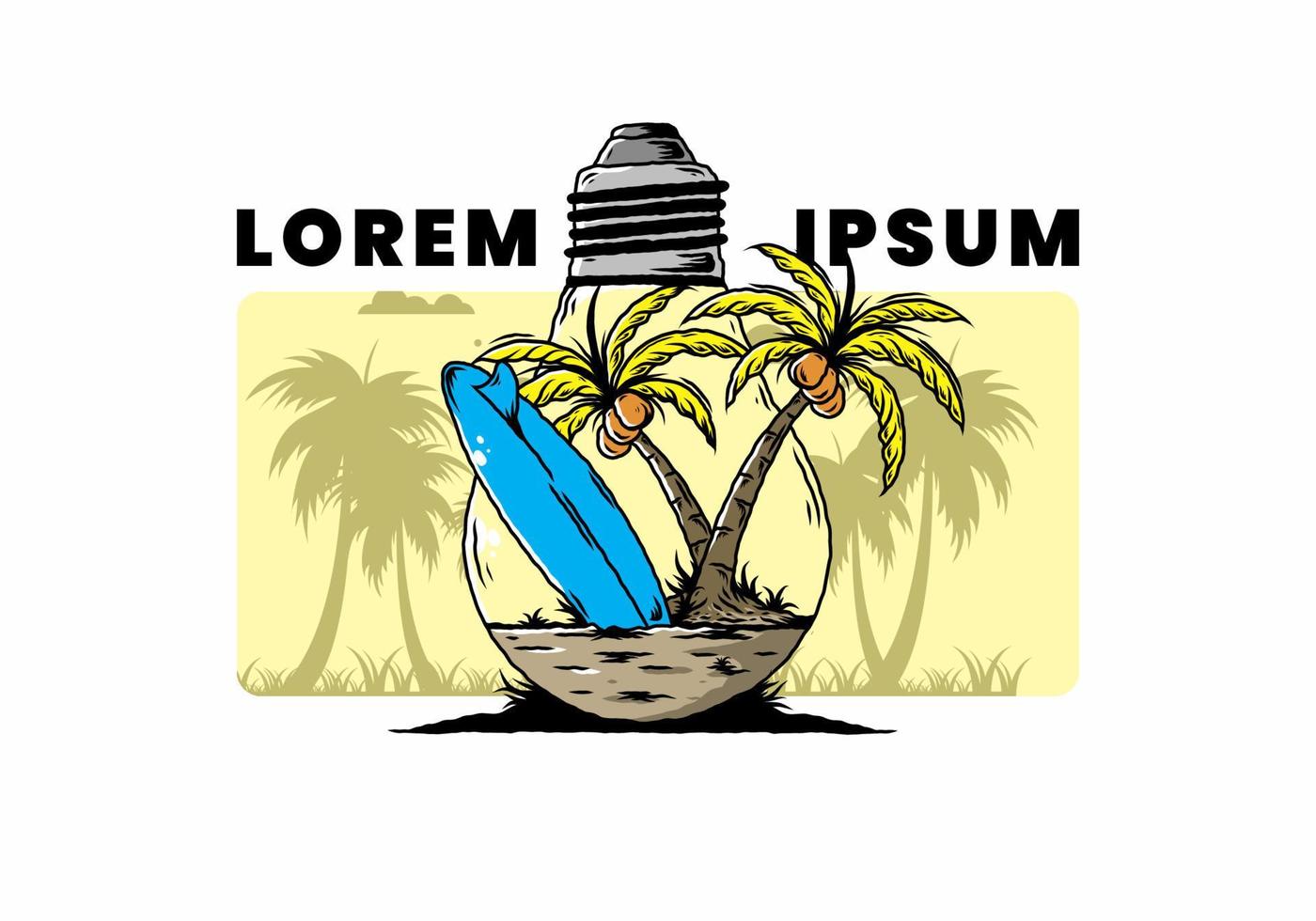 Coconut tree and surfing board in a bulb lamp illustration vector