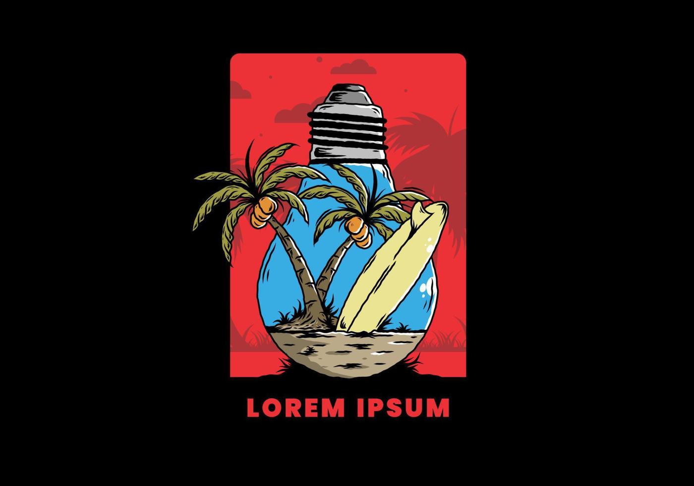 Coconut tree and surfing board in a bulb lamp illustration vector