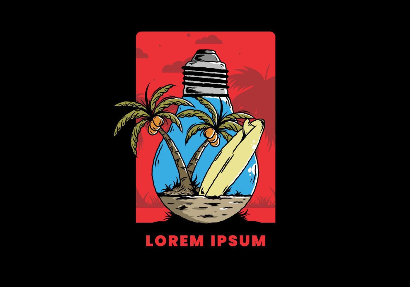 árbol de coco y tabla de surf en una ilustración de lámpara de bombilla vector