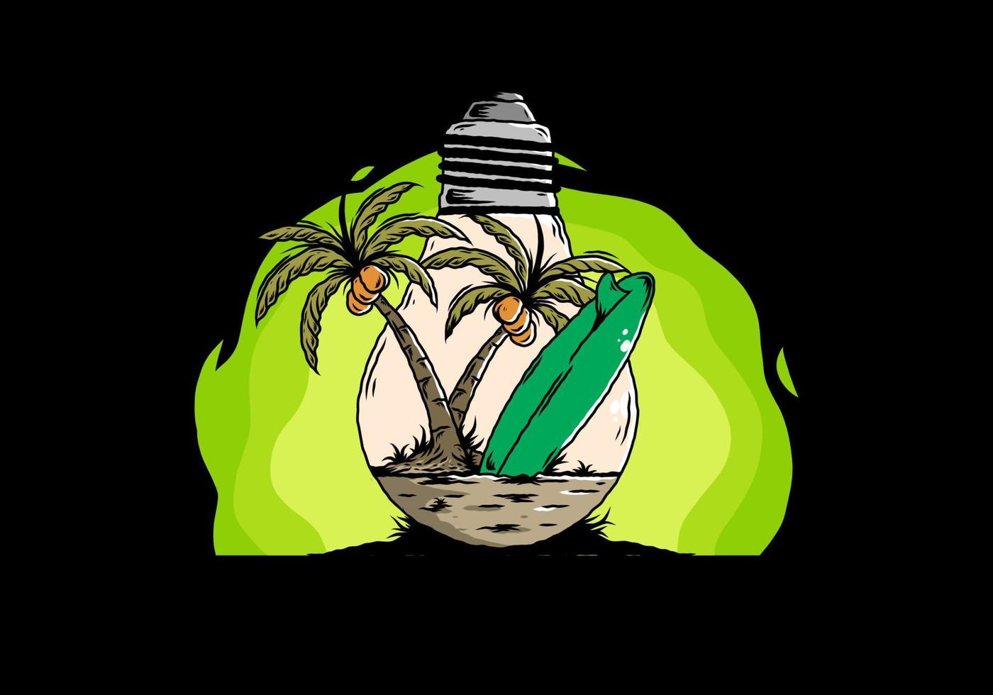 árbol de coco y tabla de surf en una ilustración de lámpara de bombilla vector