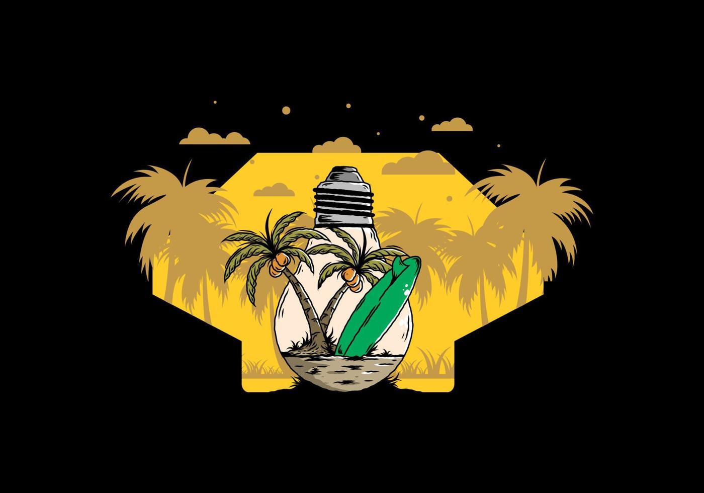 Coconut tree and surfing board in a bulb lamp illustration vector
