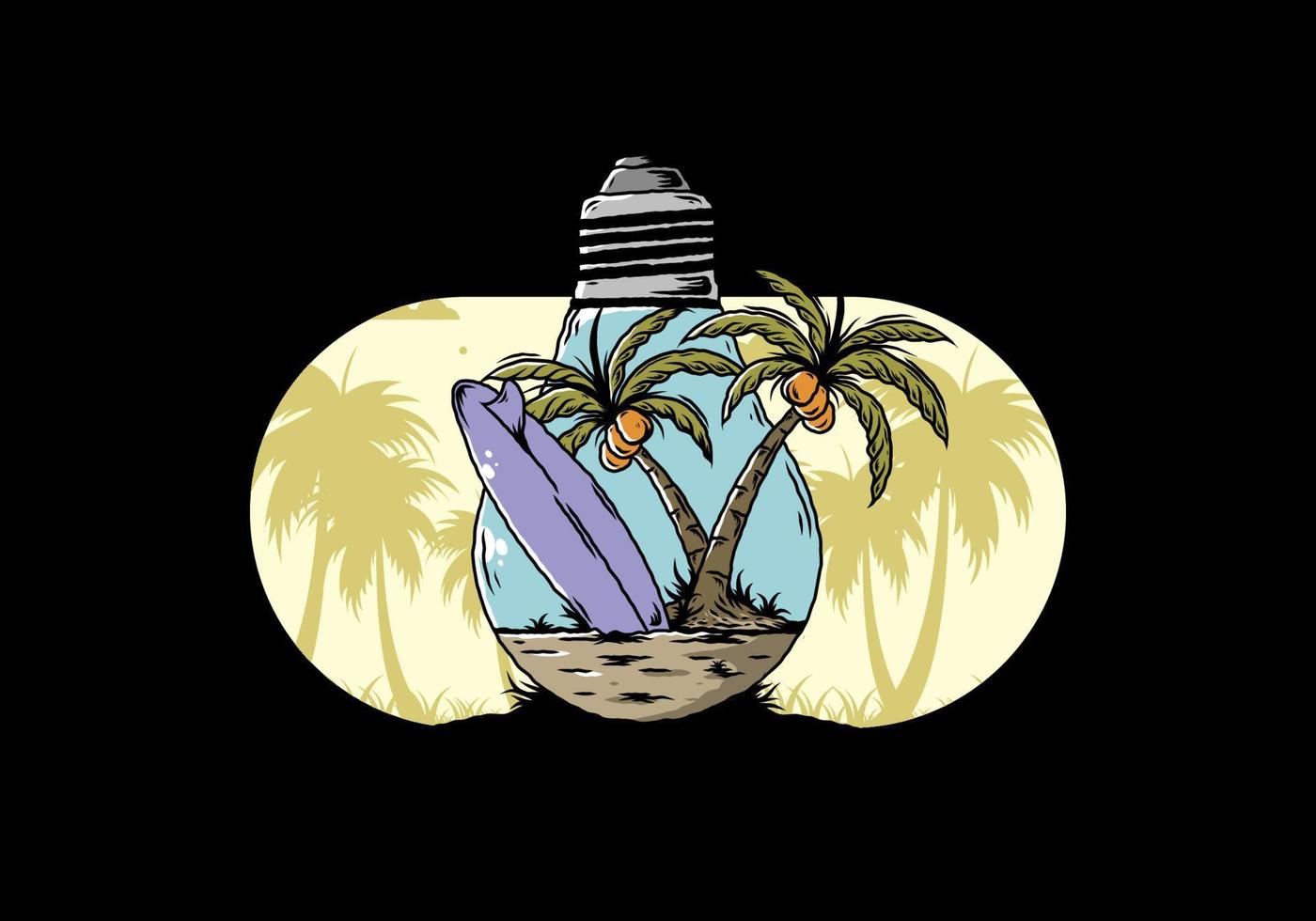 Coconut tree and surfing board in a bulb lamp illustration vector