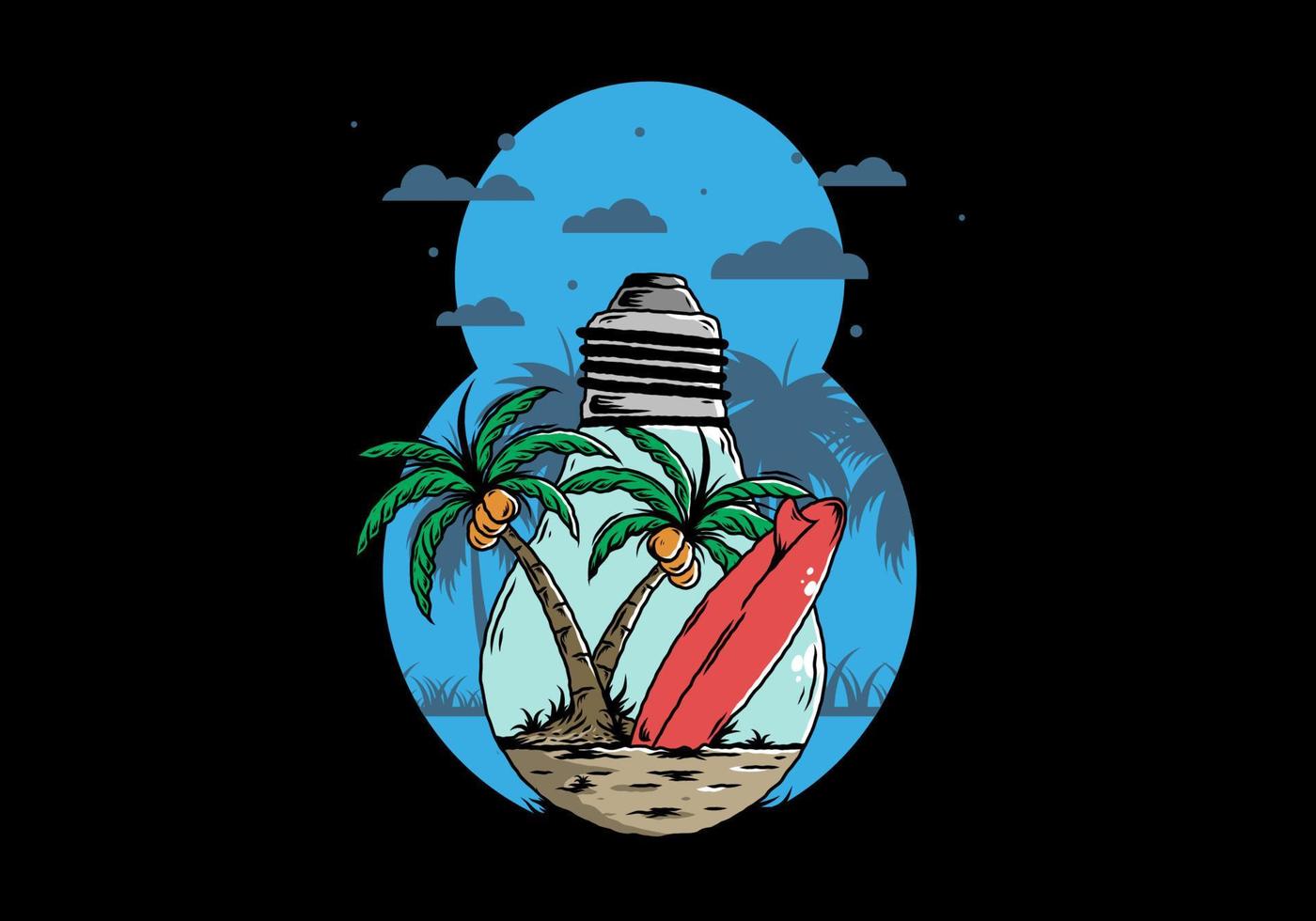 Coconut tree and surfing board in a bulb lamp illustration vector