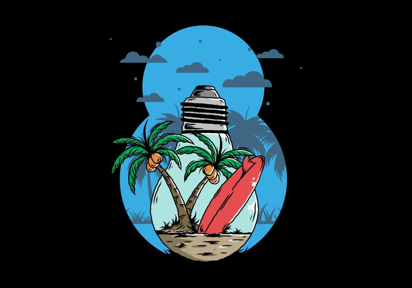 árbol de coco y tabla de surf en una ilustración de lámpara de bombilla vector