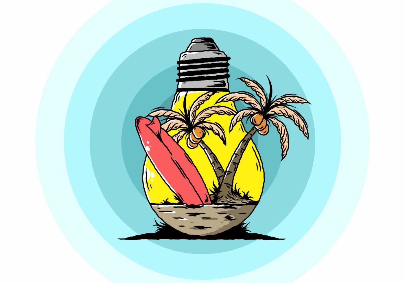 árbol de coco y tabla de surf en una ilustración de lámpara de bombilla vector