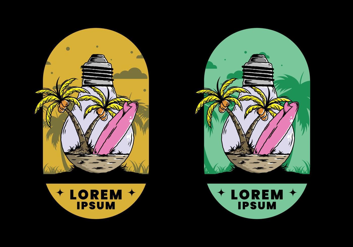 árbol de coco y tabla de surf en una ilustración de lámpara de bombilla vector