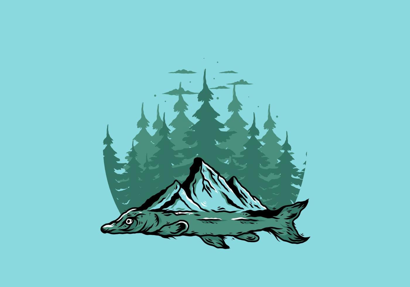arapaima pez y montaña ilustración vector