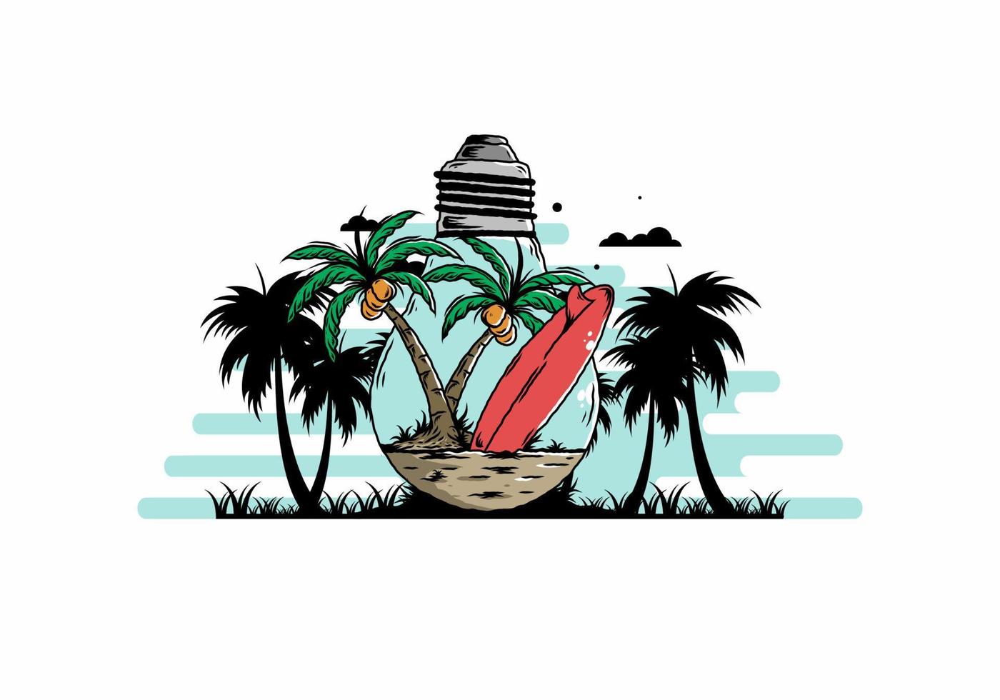 árbol de coco y tabla de surf en una ilustración de lámpara de bombilla vector