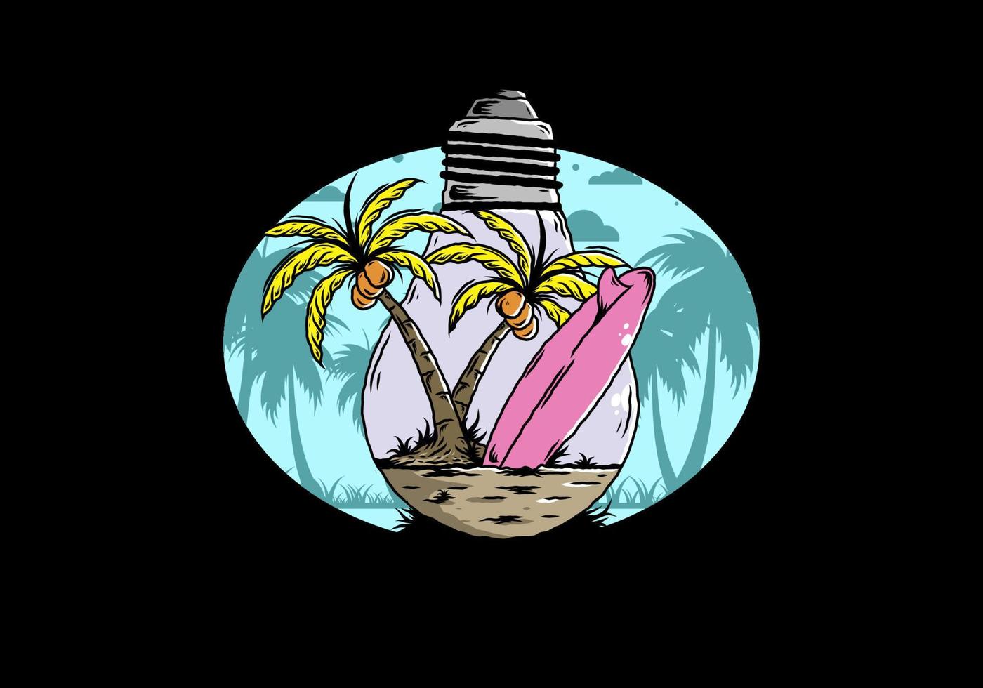 Coconut tree and surfing board in a bulb lamp illustration vector