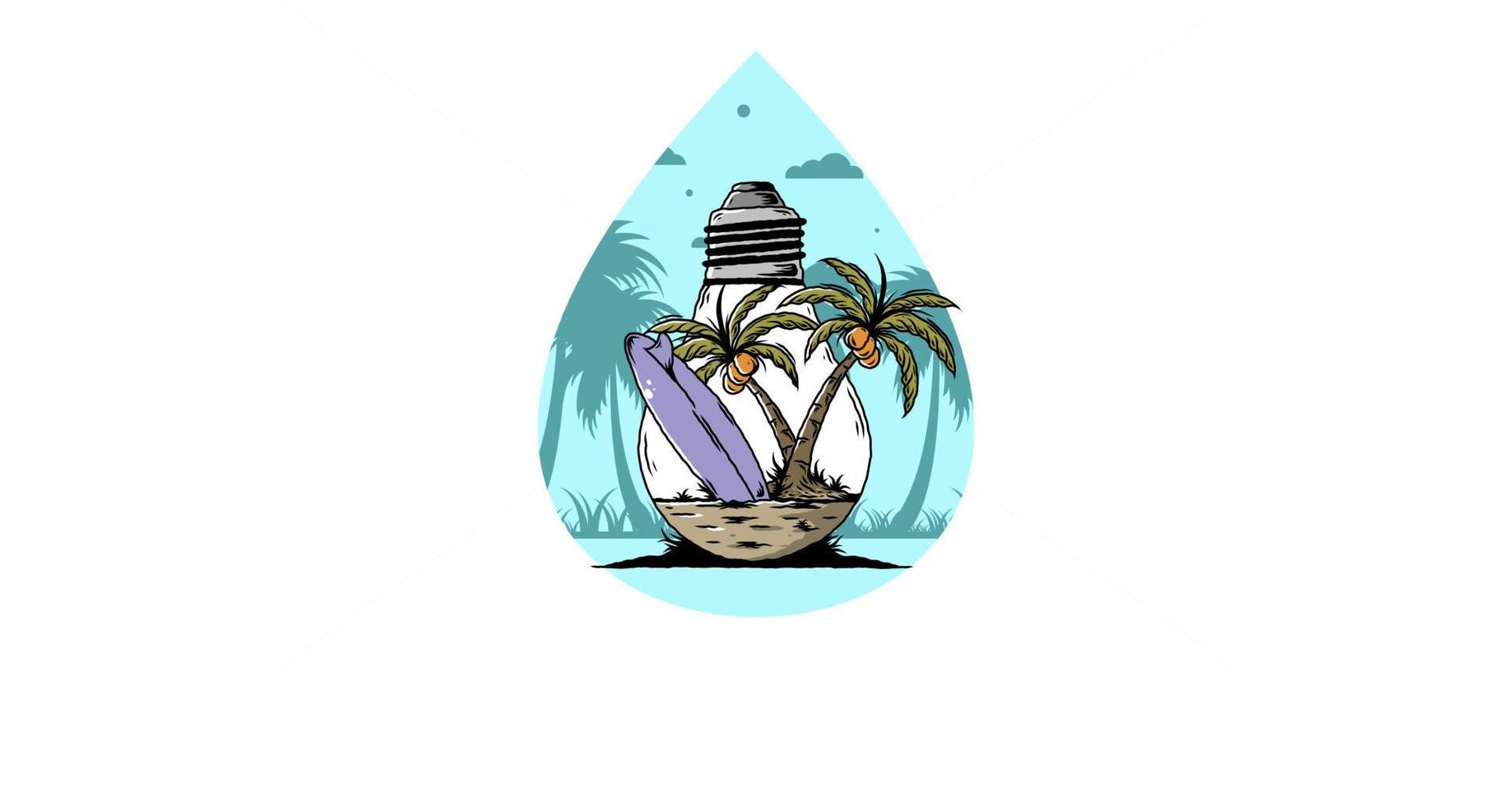 árbol de coco y tabla de surf en una ilustración de lámpara de bombilla vector