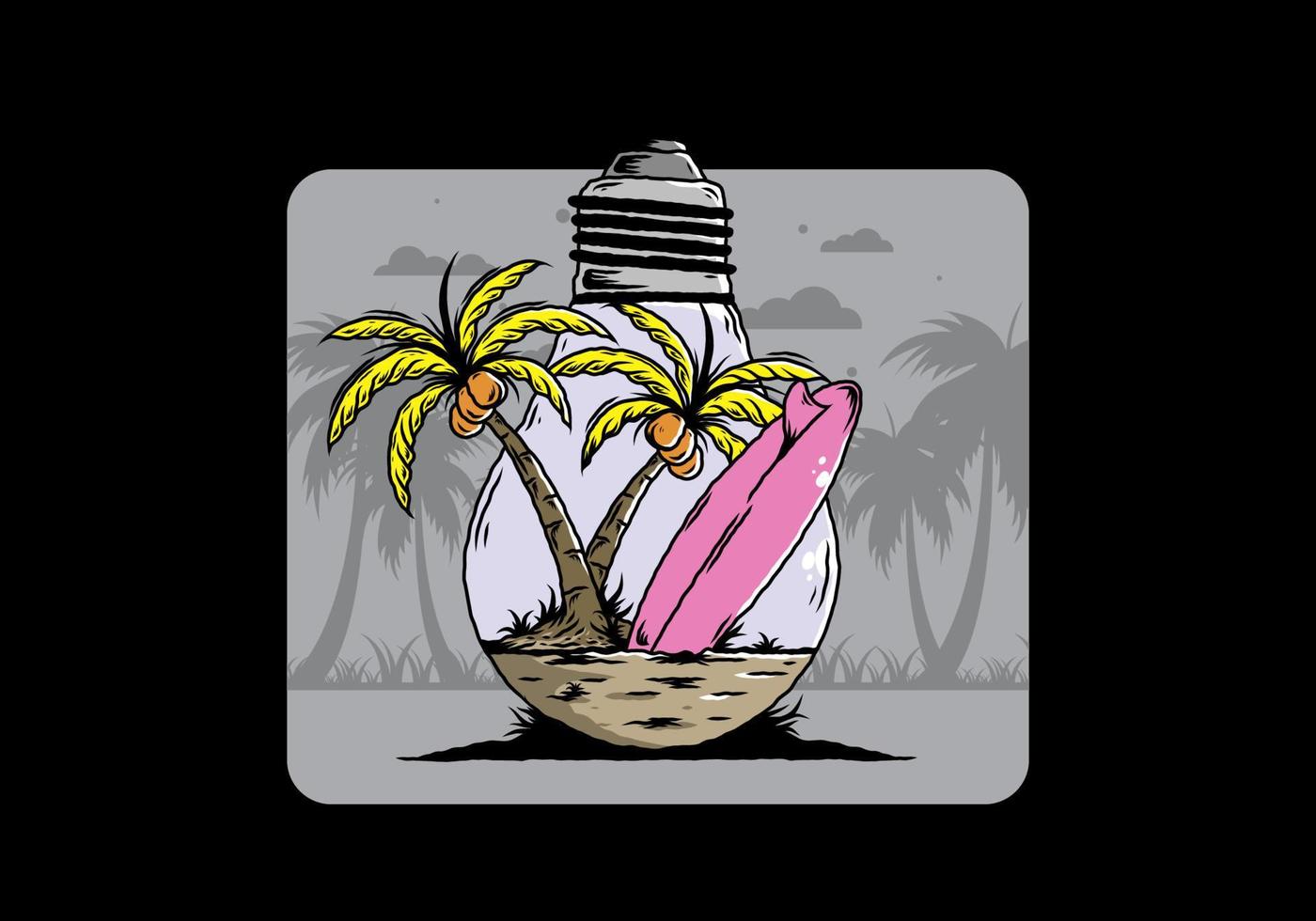 Coconut tree and surfing board in a bulb lamp illustration vector