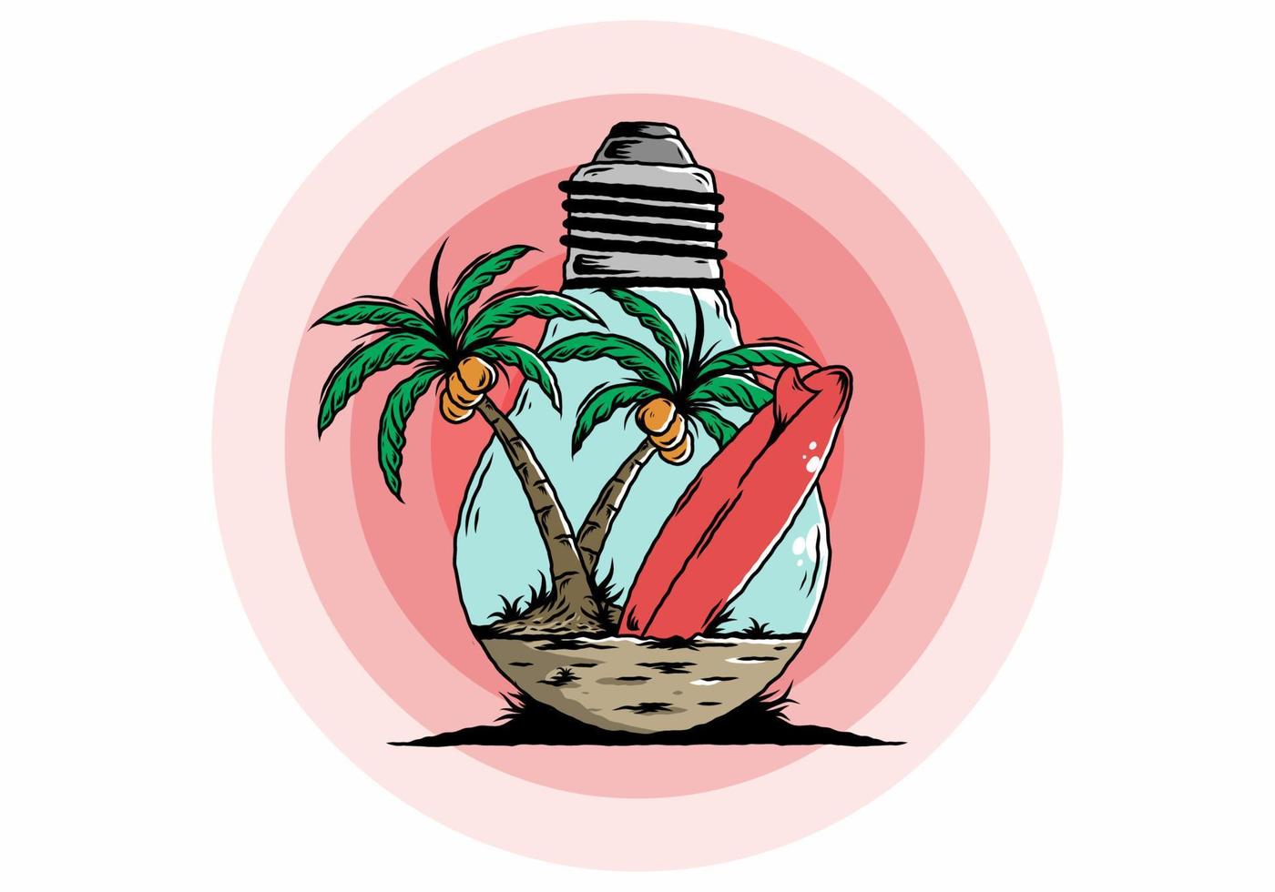 Coconut tree and surfing board in a bulb lamp illustration vector