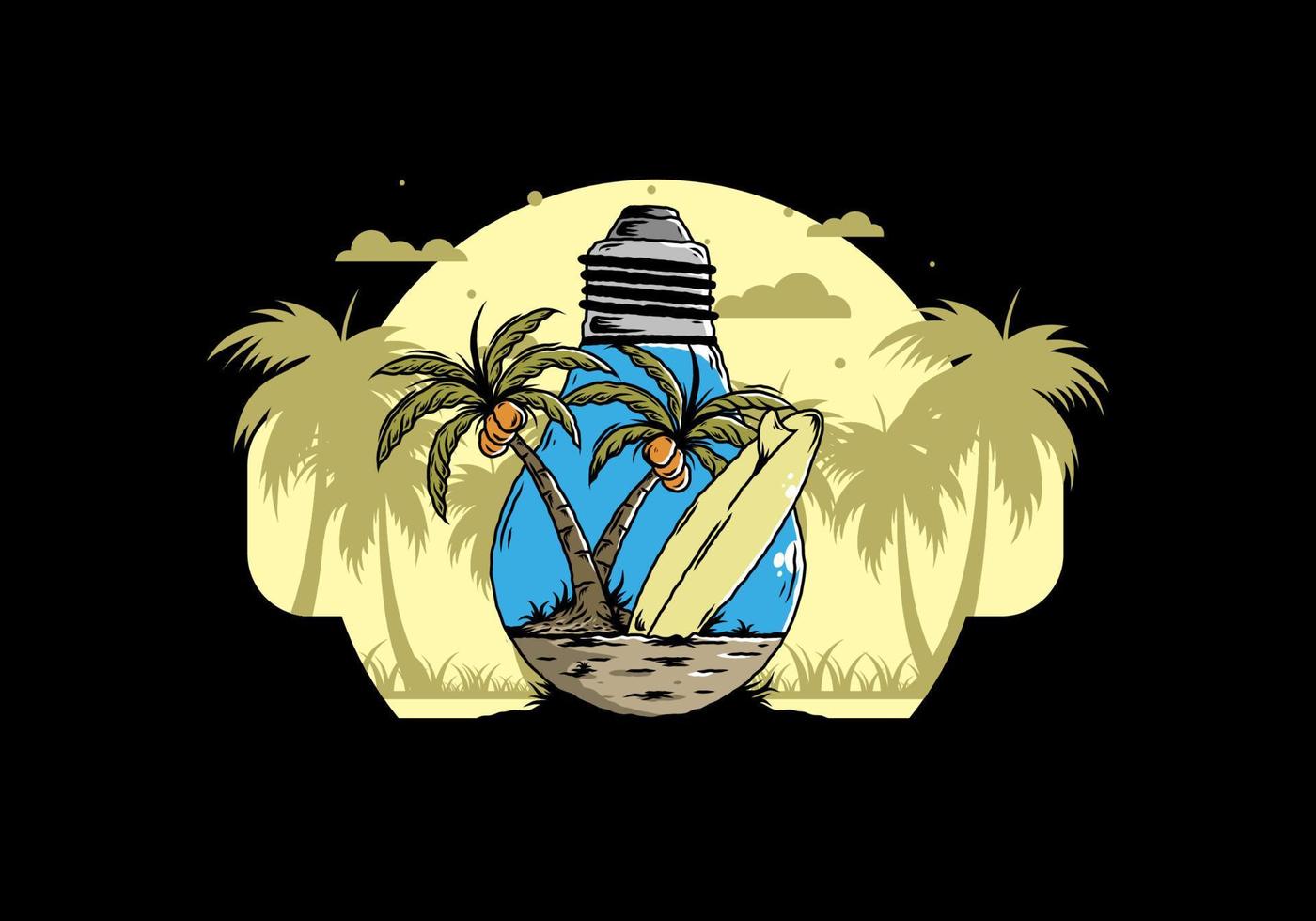 Coconut tree and surfing board in a bulb lamp illustration vector