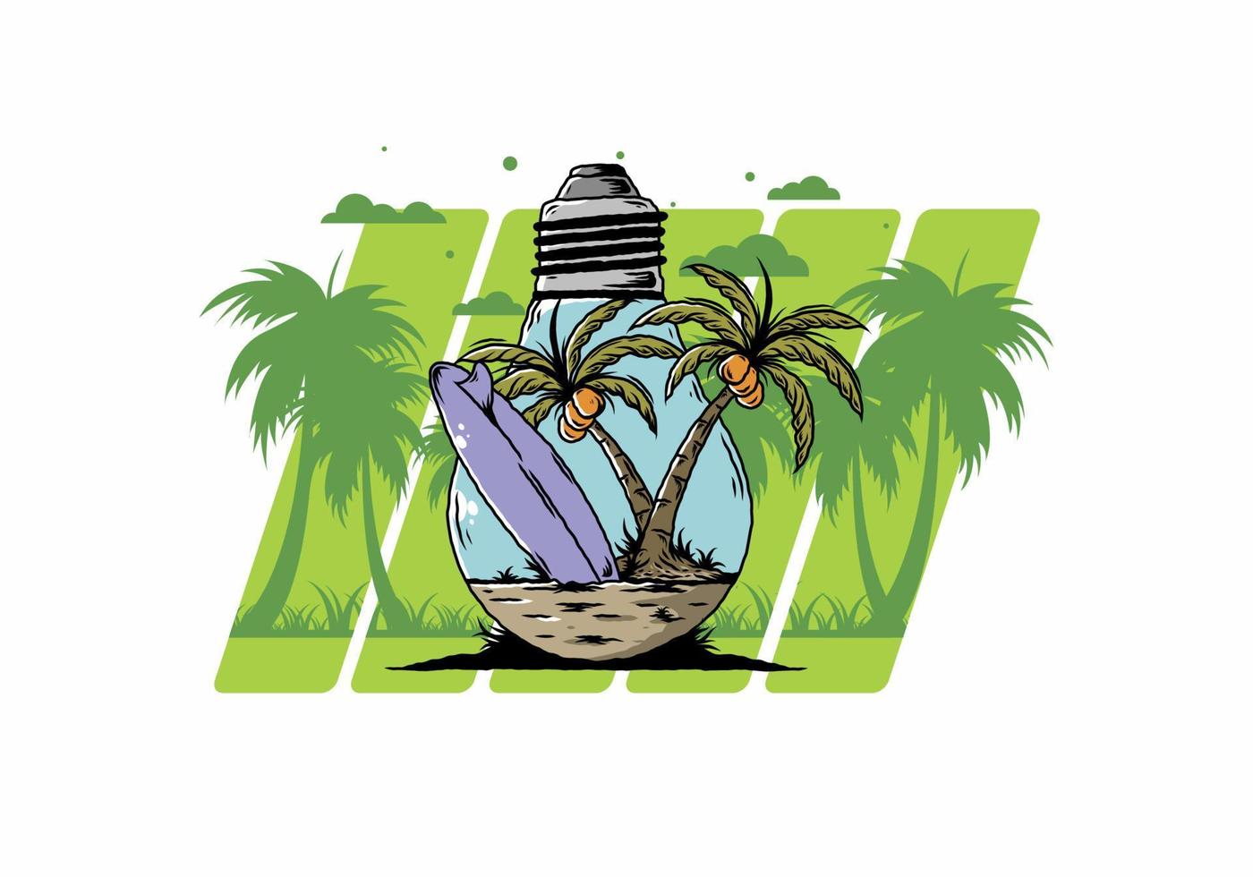 Coconut tree and surfing board in a bulb lamp illustration vector