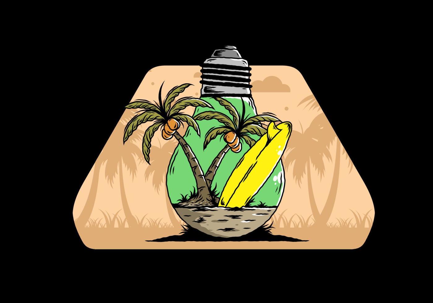 Coconut tree and surfing board in a bulb lamp illustration vector