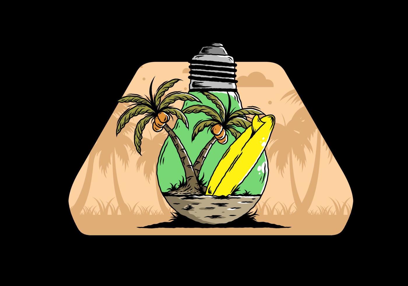 árbol de coco y tabla de surf en una ilustración de lámpara de bombilla vector