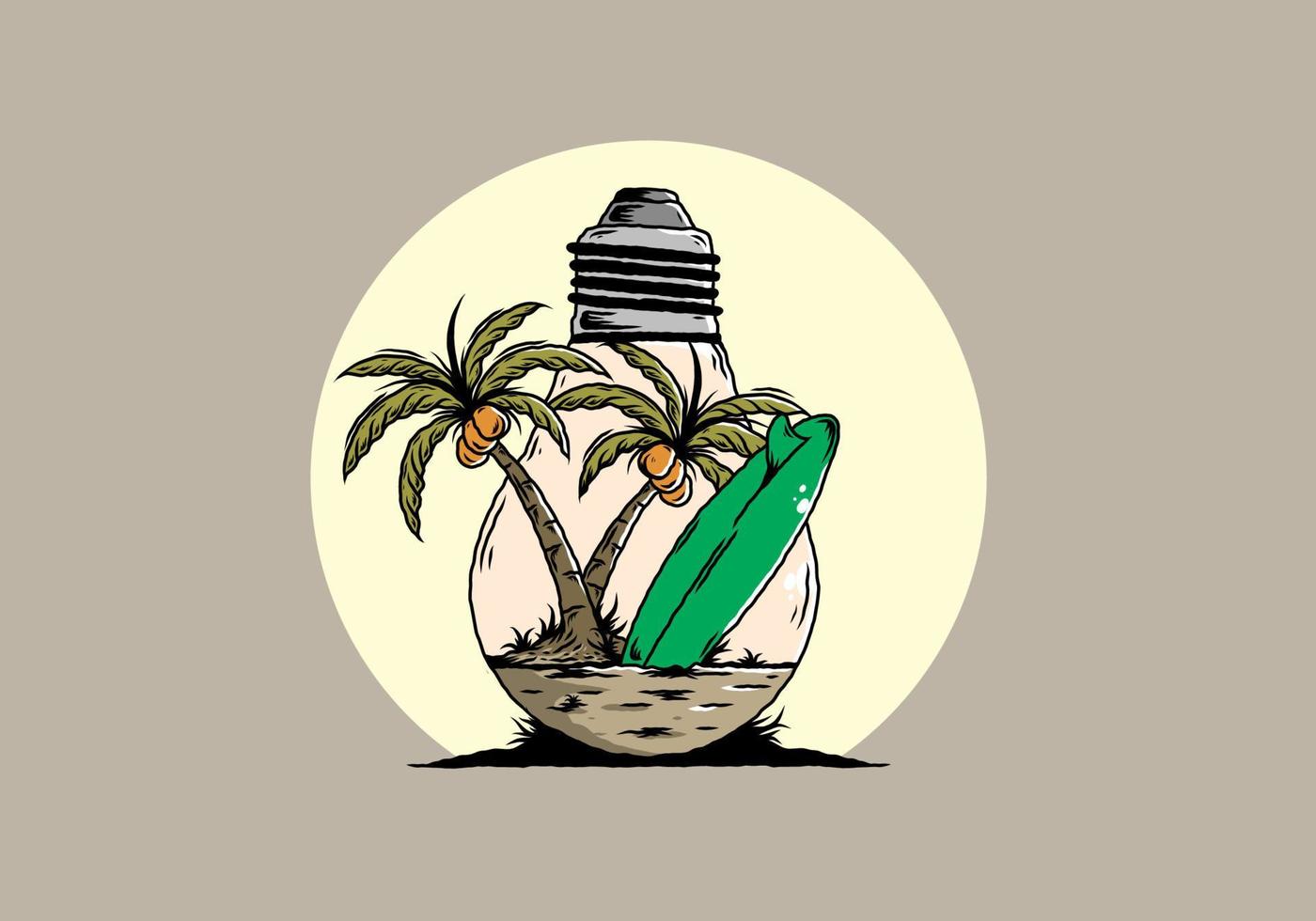 árbol de coco y tabla de surf en una ilustración de lámpara de bombilla vector