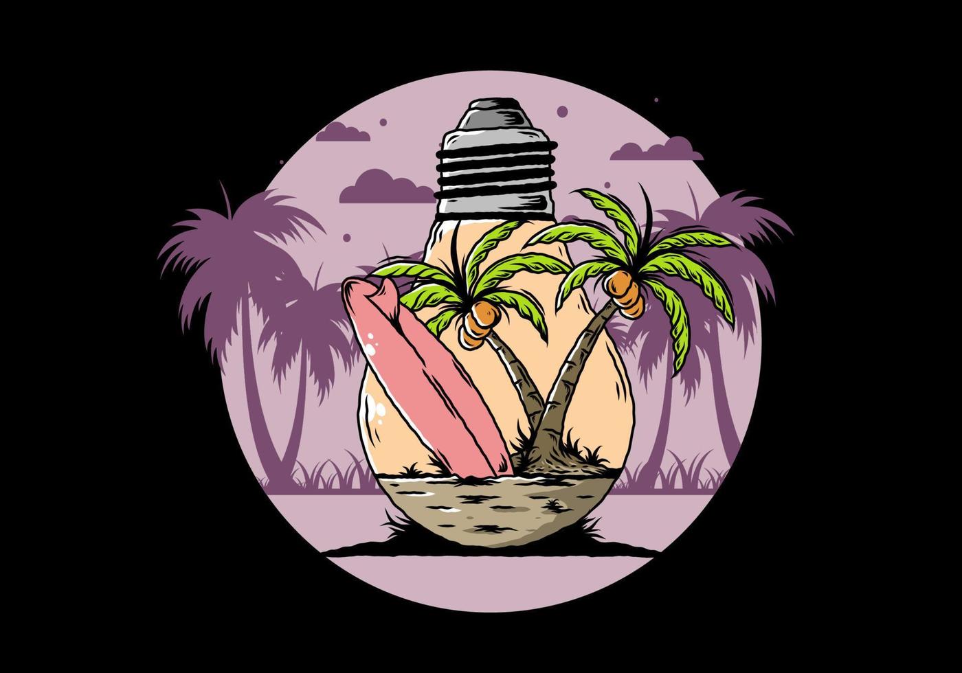 Coconut tree and surfing board in a bulb lamp illustration vector