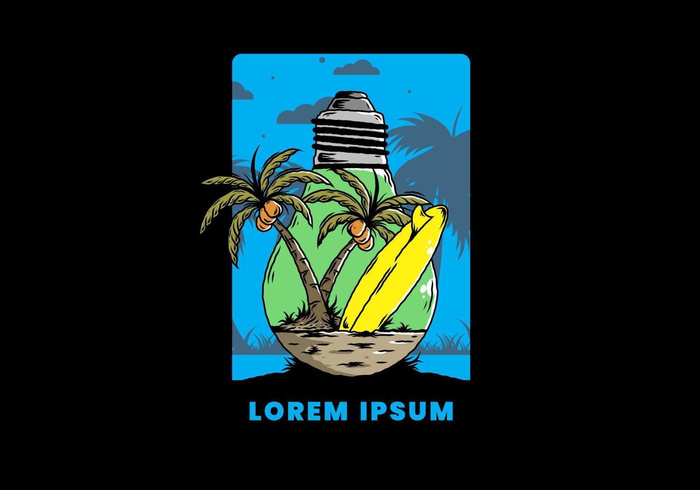 Coconut tree and surfing board in a bulb lamp illustration vector