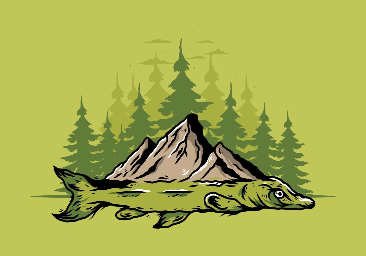 Arapaima fish and mountain illustration vector