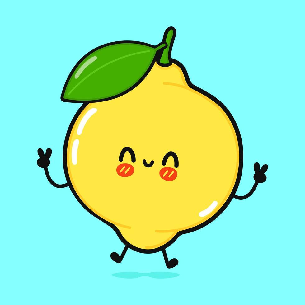 lindo y divertido limón saltando. icono de ilustración de personaje kawaii de dibujos animados dibujados a mano vectorial. aislado sobre fondo azul. concepto de limon vector