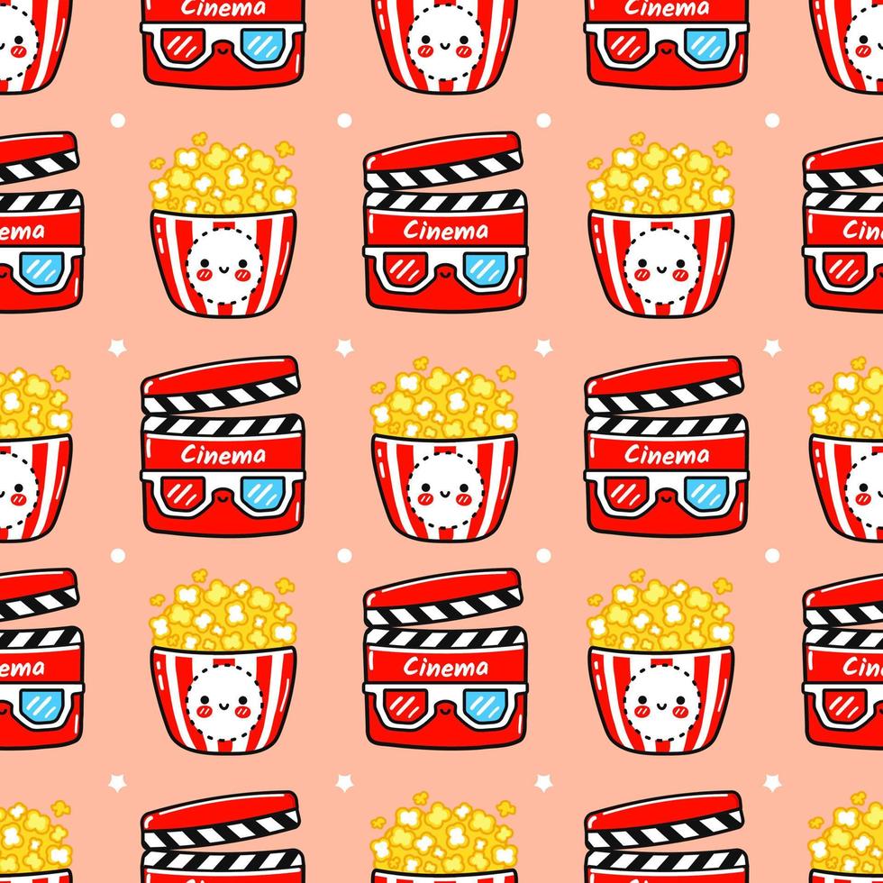 Funny cute happy popcorn and movie clapper seamless pattern characters. Vector kawaii line cartoon style illustration. Cute popcorn and movie clapper pattern