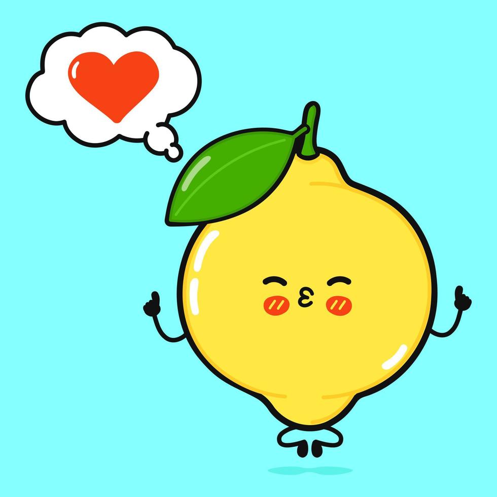 Cute funny lemon doing yoga with speech bubble. Vector hand drawn cartoon kawaii character illustration icon. Isolated on blue background. Lemon in love character concept