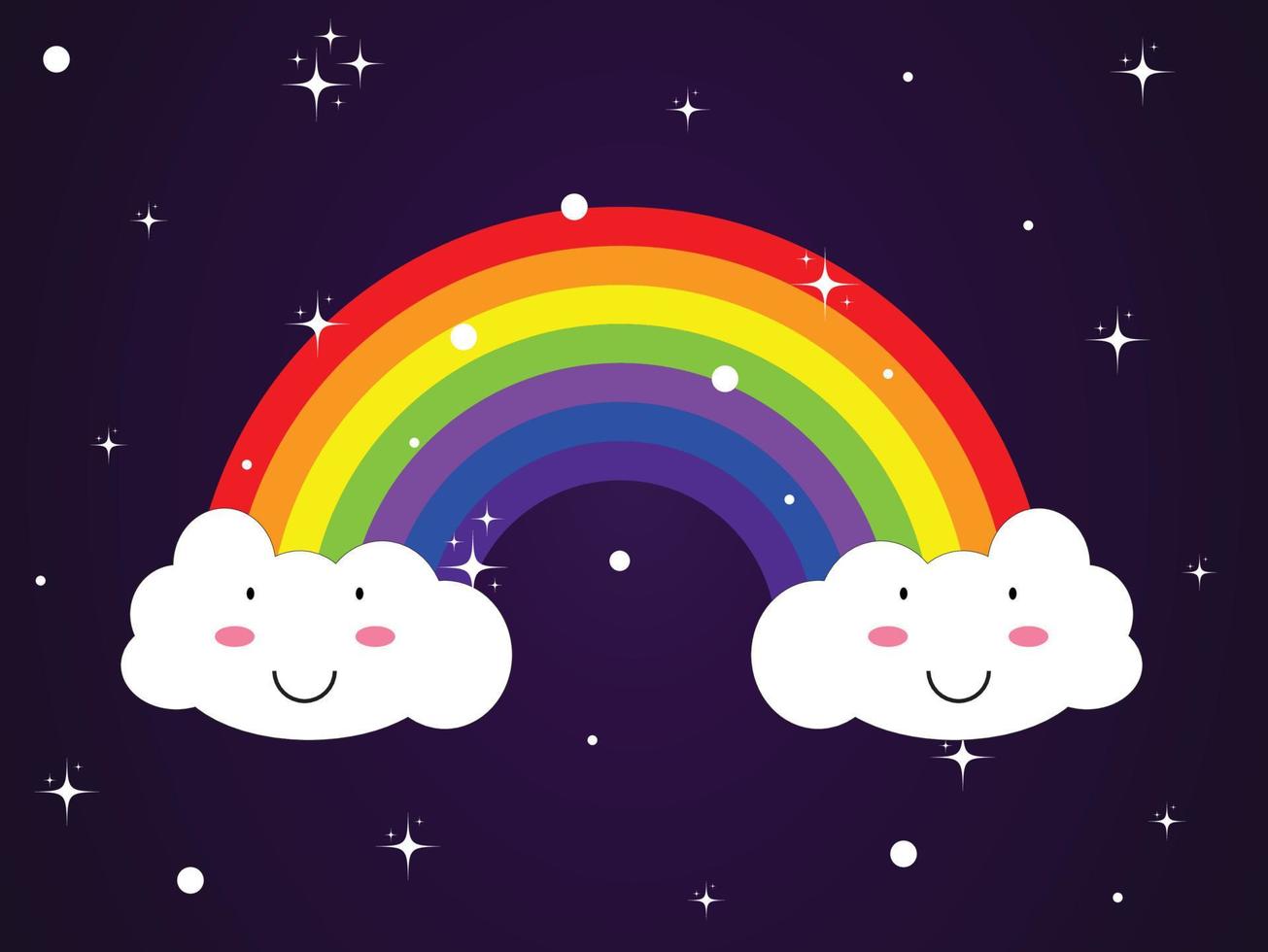 Colored rainbow with clouds on blue and voilet Gradient sky background. Vector illustration in flat design.