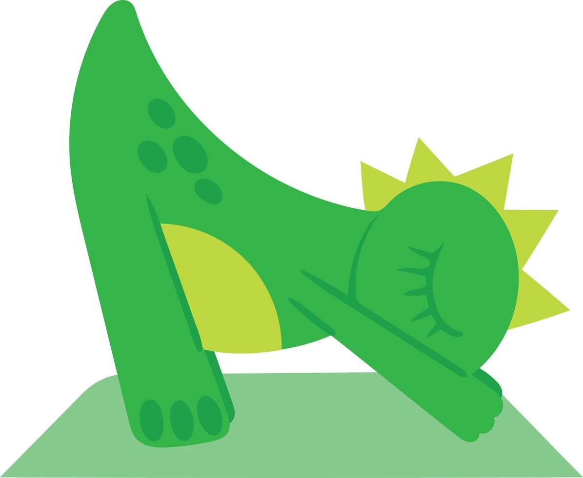 dinosaurio de dibujos animados verde haciendo yoga. asanas de yoga en colchoneta deportiva. imagen vectorial dinosaurio aislado sobre fondo blanco. elemento de diseño para diseñar postales pancartas folletos menús carteles sitios web vector