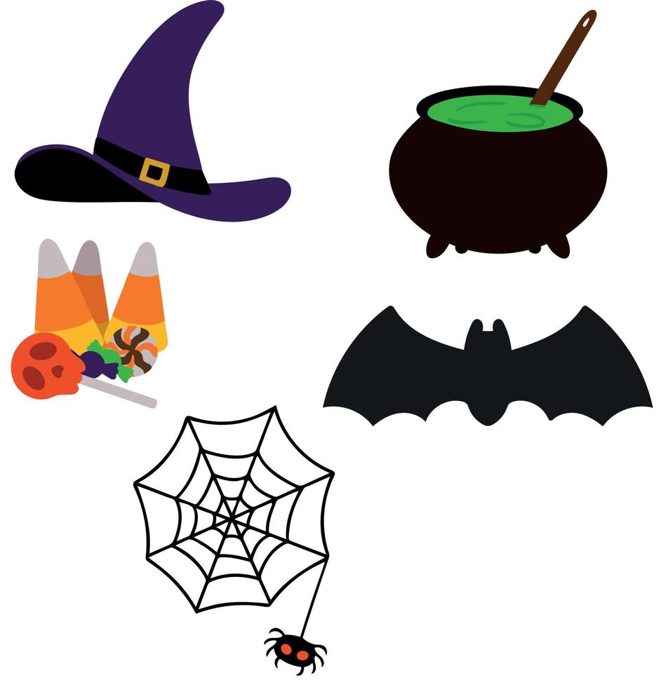 Set of halloween attributes. Witch hat cauldron of green potion spider and cobweb bunch of festive sweets. Vector illustration