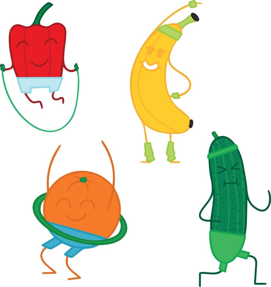 Set of illustrations of fruits and vegetables adhering to healthy lifestyle. Vector illustration