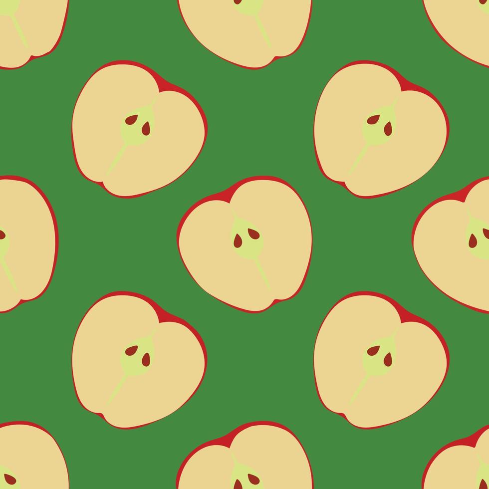 Seamless pattern of apples. Halves of repeated red apples. Vector illustration. Image isolated on bright green background. Design element for websites brochures covers prints