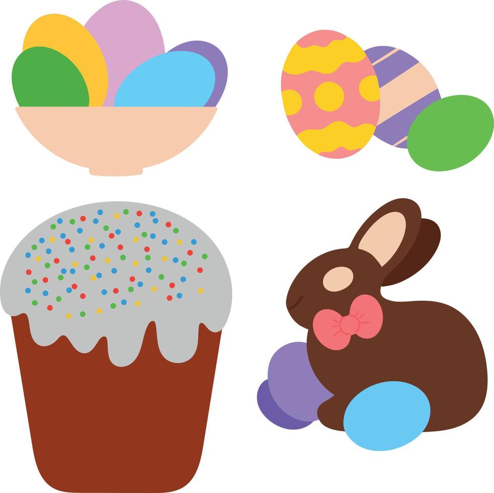 Semana Santa preparada para vacaciones. tazón con huevos multicolores huevos de pascua con adorno pastel de pascua de conejito de chocolate. ilustración vectorial colección de atributos de pascua aislada sobre fondo blanco vector