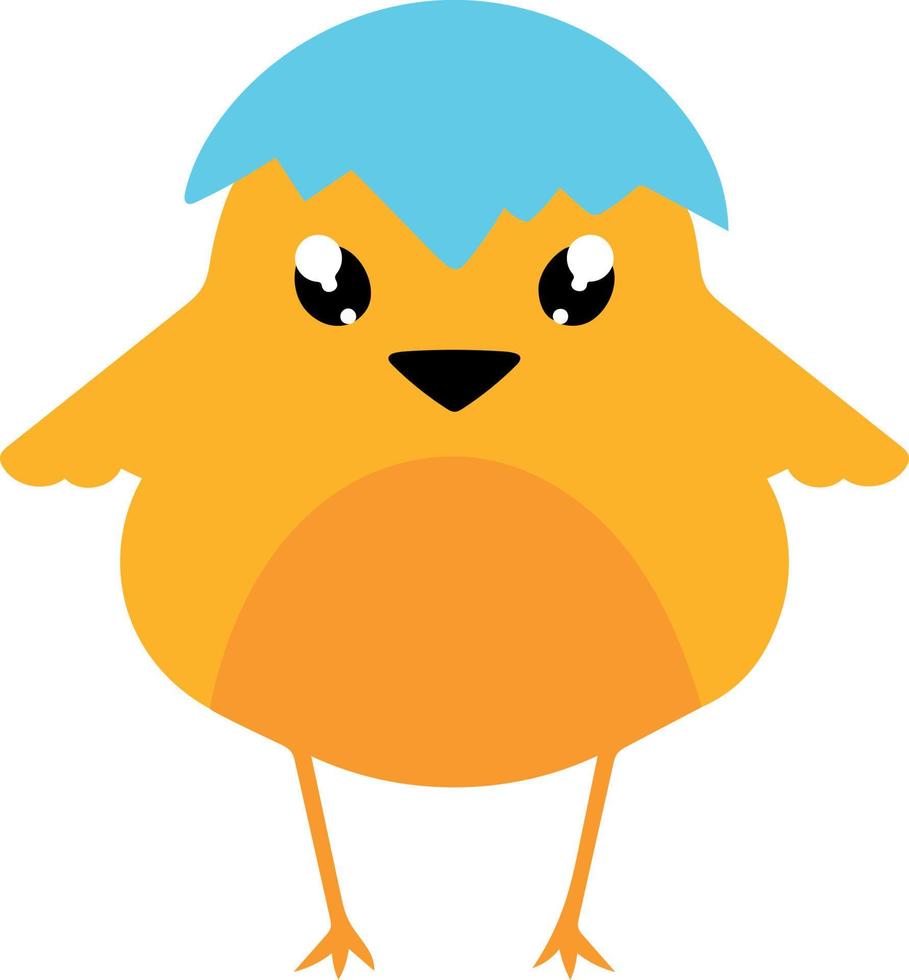 Cute yellow cartoon chick with egg shell on head. Chicken isolated on white background. Vector illustration. Easter design element for thematic menu childrens products