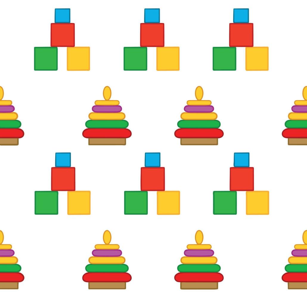 Pattern with kid toys colored cubes and a pyramid. Illustrations of isolated on white background. Design element for poster postcards banners printing on notepads . Vector illustration